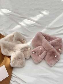 1件装女士保暖毛绒交叉珍珠加厚多功能围脖，冬季连衣裙适用