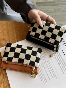 Porte-monnaie pliant de haute qualité à motif d'échiquier, portefeuille court multifonctionnel pour femmes, porte-clés, petit sac pour femmes, portefeuille d'argent, mini portefeuille, porte-monnaie