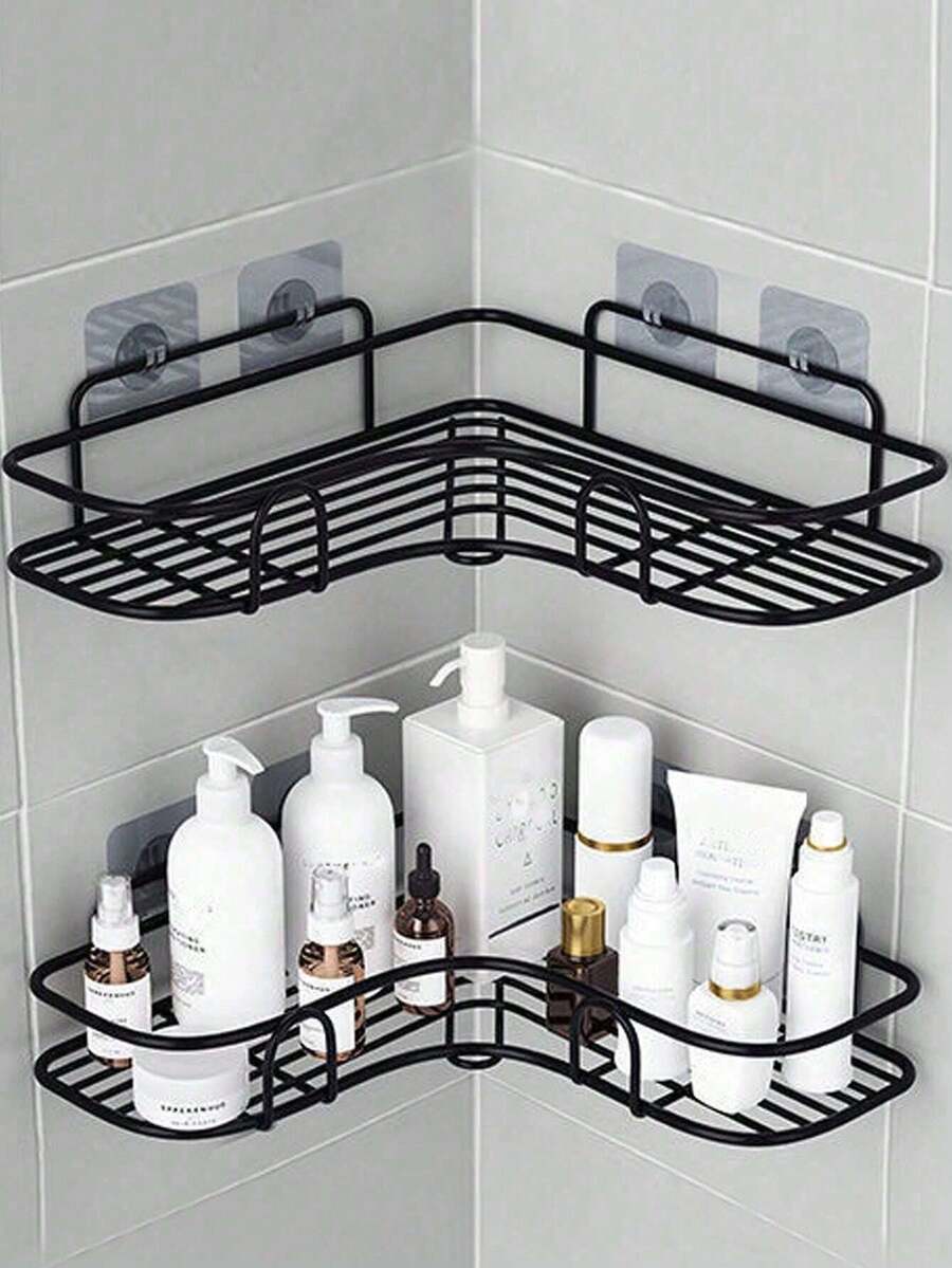 1 pieza Estantería de baño, Cesta de ducha, Estantería de almacenamiento triangular sin taladrar para baño y cocina, Estantería de almacenamiento de baño sin agujeros - Negro - Ver 1