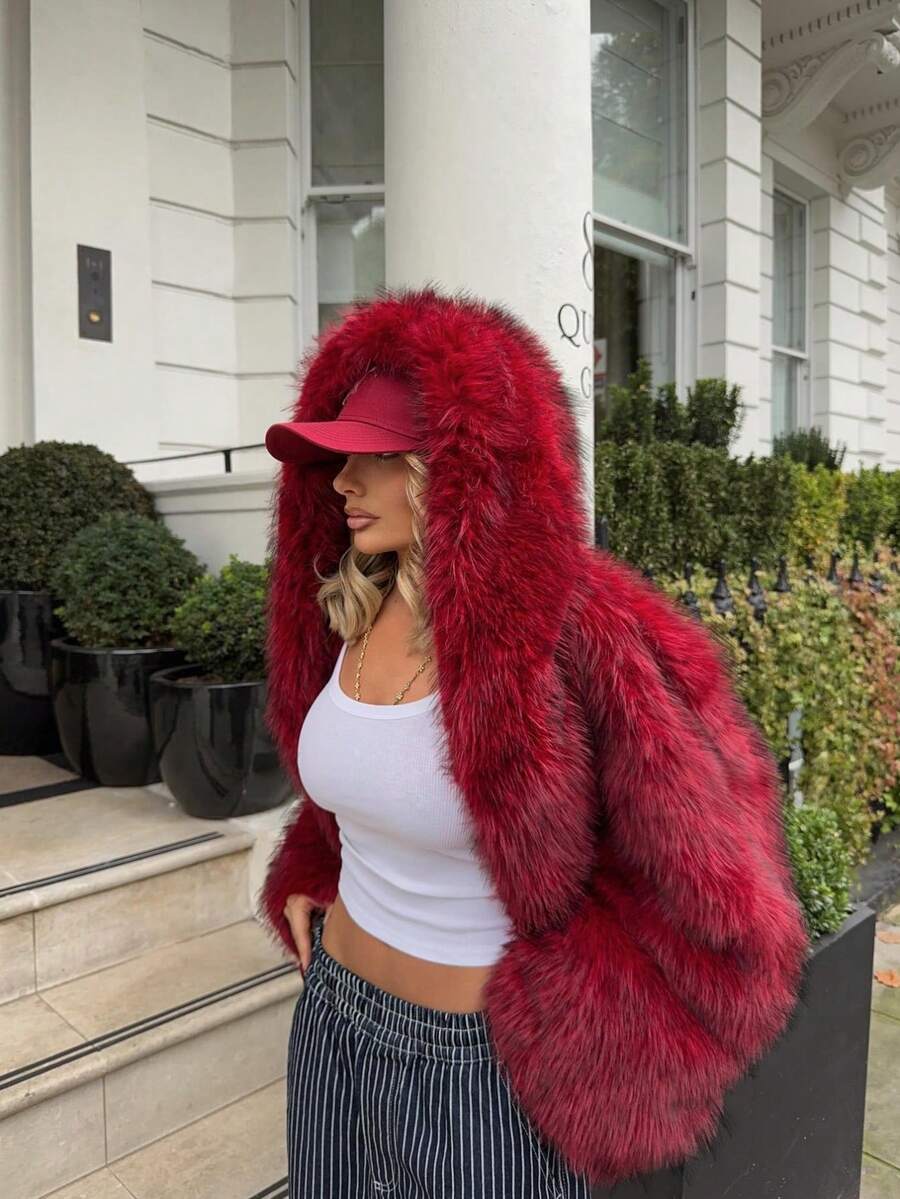 秋冬新款优雅高端时尚酒红色女士休闲仿皮草外套，长袖开襟连帽毛绒绒夹克，宽松短款时尚皮草上衣，适合秋冬季外出、新年夜、派对、约会、乡村、返校节、休闲、假日度假等场合穿着。 - 酒紅色 - 查看 1