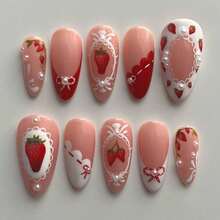 Sweet Strawberry Pink Wearable Short Almond Nails French Pearl Bow Nail Art False Nails - JP3740 - 查看 1