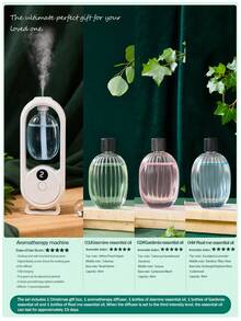 Un diffuseur d'arômes intelligent blanc, diffuseur d'huiles essentielles pour la maison au design minimaliste et moderne, avec 5 modes de fonctionnement et un éclairage ambiant romantique et coloré. Rechargeable par USB. Disponible avec un choix de sets d'huiles essentielles parfumées de 1 ou 3 bouteilles. Convient pour les chambres à coucher, les salons, les bureaux, les pièces pour animaux de compagnie et la désodorisation de la salle de bain. Également idéal comme décoration de fête, décoration d'intérieur ou cadeau de Noël.