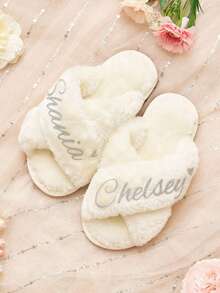 Personalized Fluffy Slippers/Fluffy Cross Slippers/Fluffy Slippers/Bridesmaid Gift/Custom Bride Slippers/Bride To Be Gift/Bachelorette Party