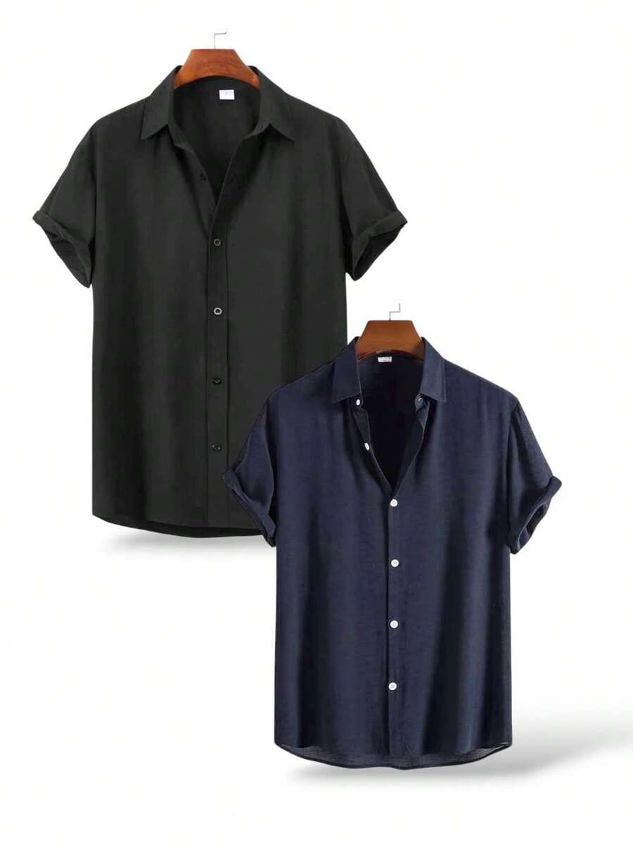 JL KIT 2 Men's Short Sleeve Casual Beach Linen Fashion Shirt - 黑色-海軍藍 - 查看 1