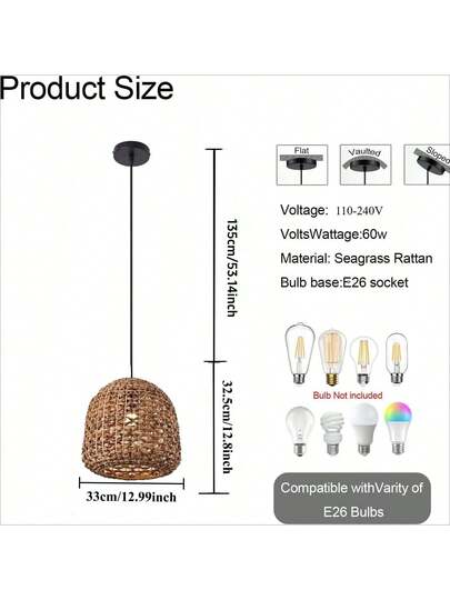 1PS Hang Luminaire Rattan Verlichting Bohemian Light, Woven Adjustable Kitchen Isl Corridor, Bedroom, Dining Table, Living Room E26 Socket (Bulb Not Included) view 2