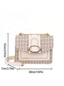 迷你时尚粗花呢斜挎包，女士链条单肩包，复古格子图案方形钱包 - 白色 - 查看 2