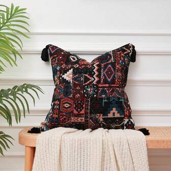 1pc Black Bohemian Throw Pillow Cover With Tassels And Pom Poms, Turkish Style Sofa Decoration Cushion, Snowy Color Jacquard