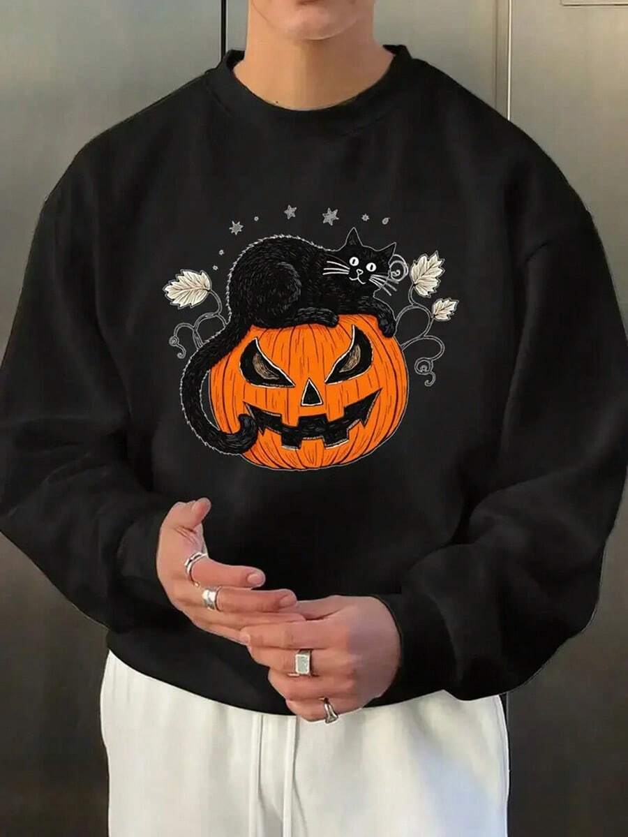 Men's Halloween Sweater - Lightweight Breathable Long Sleeve Pullover With Black Cats & Pumpkin Jack-O'-Lanterns, Non-Stretch Knit Fabric For Fall Parties, Everyday Casual Wear - Machine Washable Sweater,Fall Hoodies,Men's Fall Clothes,Street Wear,Halloween,Mens Hoodies,Y2k Clothes,Jesus Hoodie,Thanksgiving Day,Nightmare Before Christmas,Christmas - Black - View 1