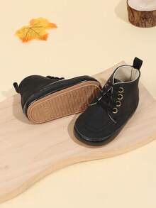 1 par de zapatos casuales planos con diseño de cordones de unicolor y antideslizantes para niños pequeños, botas de moda de caña alta adecuadas para bebés de 0 a 1 año, para primavera/otoño