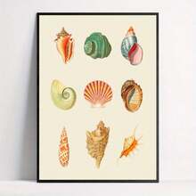 Affiche vintage sur canevas de coquillages - Tableau ancien de coquillages de plage - Impression murale de style art déco - Illustration rétro de bande dessinée sans cadre pour le salon, la chambre à coucher, le bureau à domicile - Œuvre d'art à l'encre sur canevas - Pour usage intérieur - Printemps et hiver - Orientation portrait