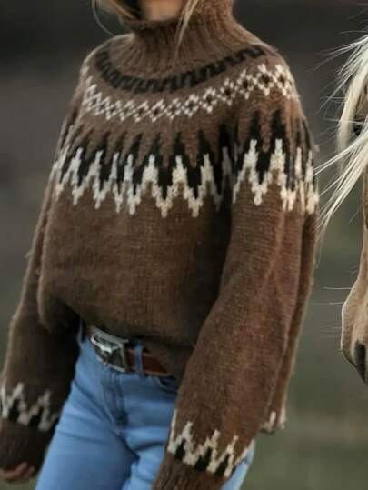 Minimalist Nordic Style Colorblock Ribbed Women Vacation Sweater, Autumn/Winter