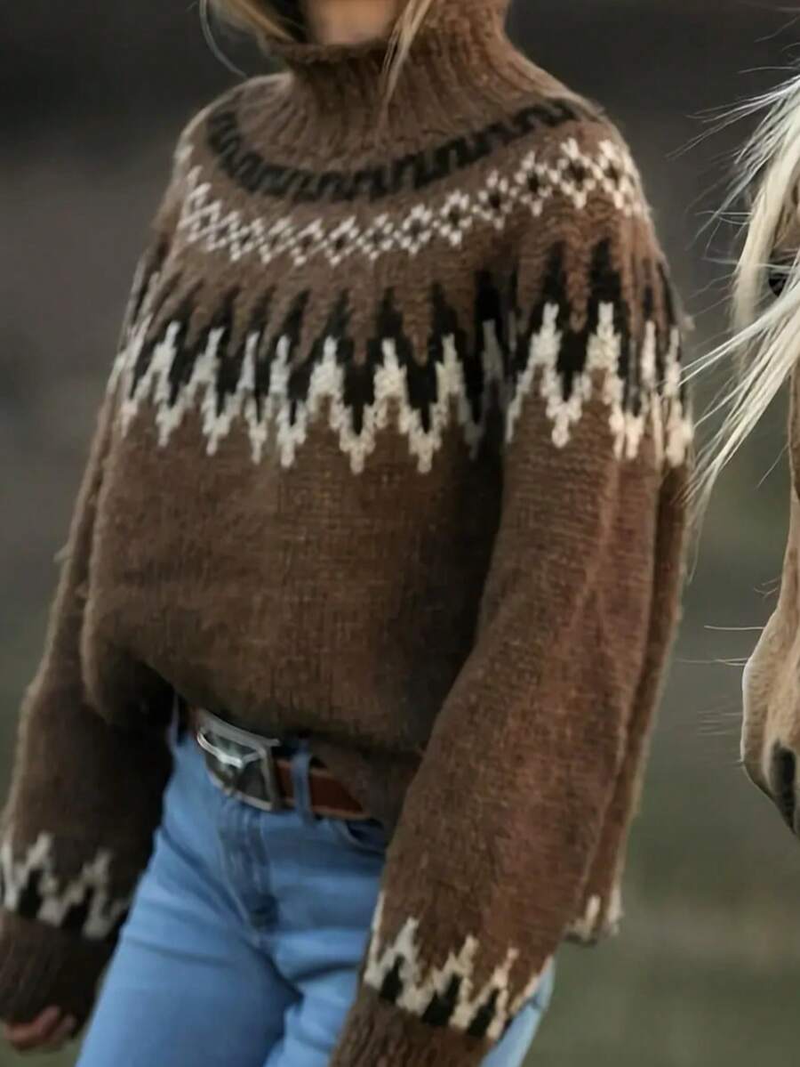 Suéter Feminino de Estilo Nórdico Minimalista em Bloco de Cores Canelado, Outono/Inverno - Multicolorido - Visão 1