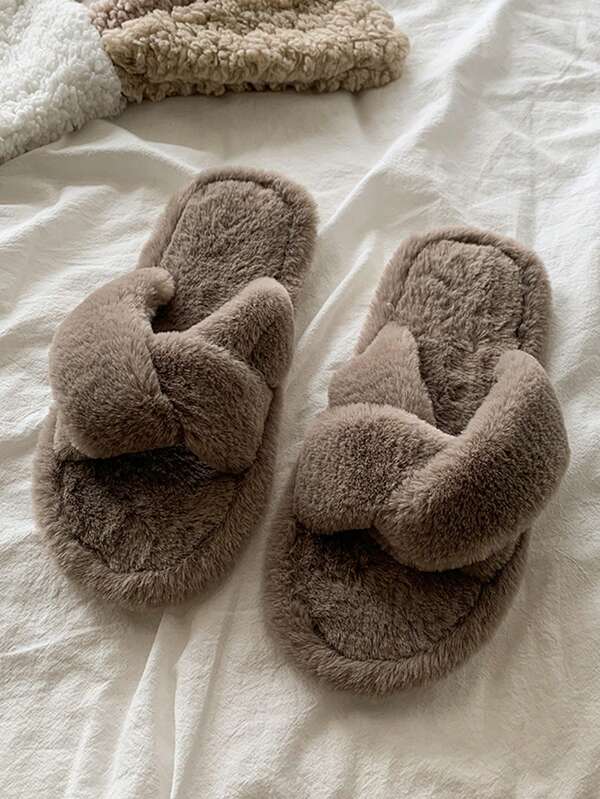 Cute Knotted Plush Lining Soft Fleece Open Toe Flat Slip-On Slippers For Women, Comfortable Home Slippers, Khaki