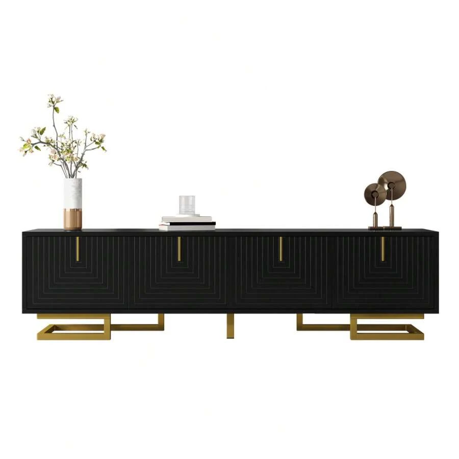 TV Cabinet, Base With Structured Doors, TV Cabinet, Golden Handle And Golden Legs - Black + Particle Board - View 1