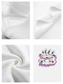 Camiseta casual para mujeres de 220g de algodón puro gruesa y cómoda con diseño de conejo cartoon cute con mariposas y texto Heibig - Blanco - Ver 4