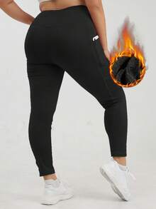 Winter 1pc Plus Size Ribbed Brushed Leggings For Yoga, Outer Wear, With 4 Pockets, Front Design For No Embarrassment, Double-Layer Waistband For Tummy Control, Autumn/Winter