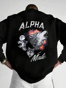 Alpha Men'S Graphic Crewneck Sweatshirt - Black With White Wolf & Alpha Male Print, Loose Fit Casual Pullover, Long Sleeve Round Neck Streetwear For Casual Attire, PLUS SIZE, Chorus Line, Hoodie,Fall Hoodies,Men's Fall Clothes,Street Wear,Halloween,Mens Hoodies,Y2k Clothes,Jesus Hoodie,Thanksgiving Day,Nightmare Before Christmas,Christmas - màu đen - Xem 1