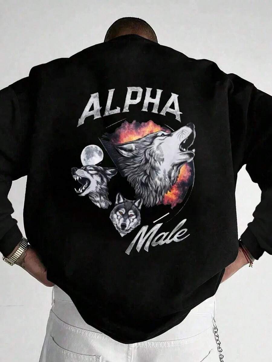 Alpha Men'S Graphic Crewneck Sweatshirt - Black With White Wolf & Alpha Male Print, Loose Fit Casual Pullover, Long Sleeve Round Neck Streetwear For Casual Attire, PLUS SIZE, Chorus Line, Hoodie,Fall Hoodies,Men's Fall Clothes,Street Wear,Halloween,Mens Hoodies,Y2k Clothes,Jesus Hoodie,Thanksgiving Day,Nightmare Before Christmas,Christmas - màu đen - Xem 1