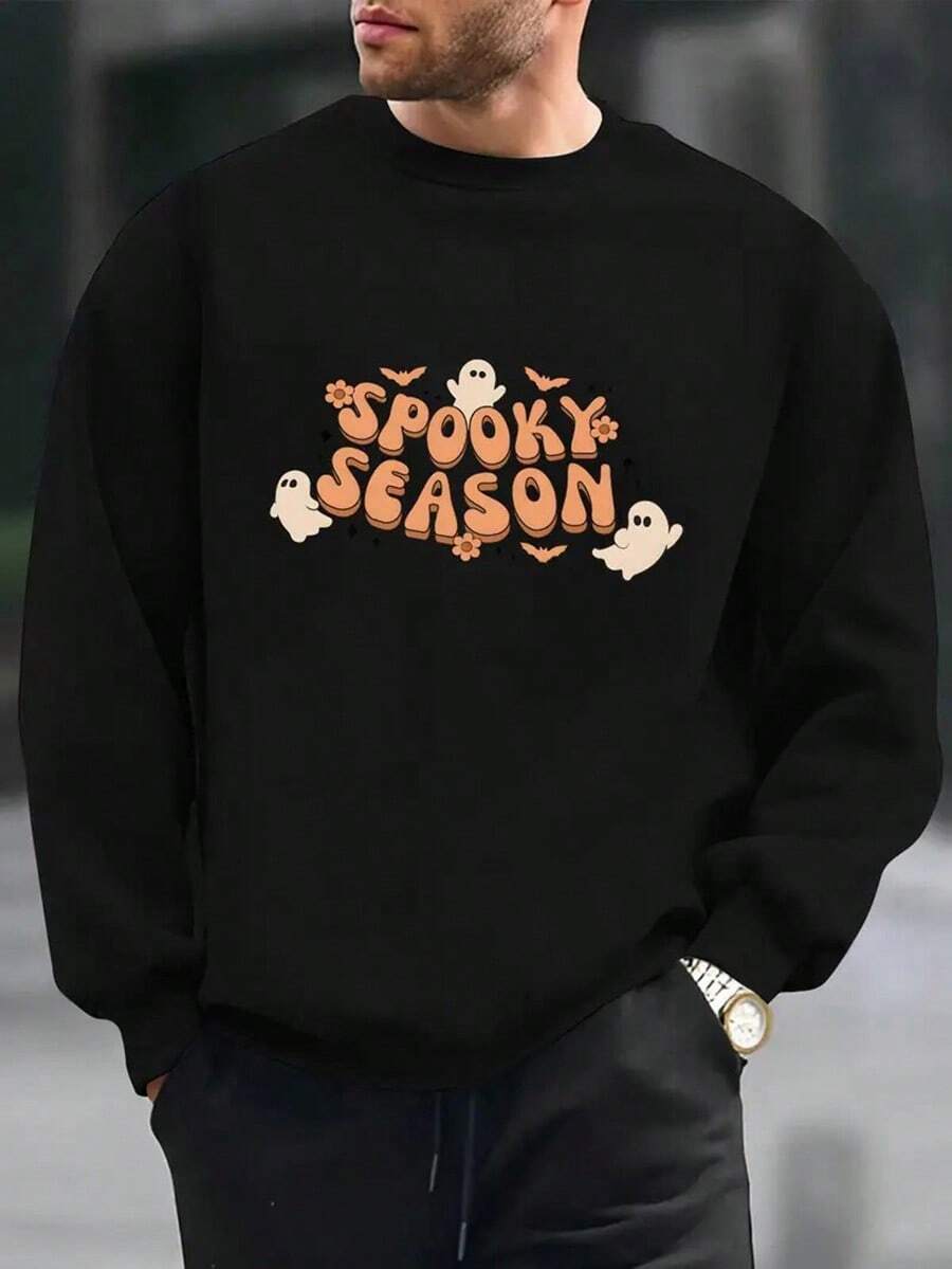 Men'S Halloween Sweatshirt - Spooky Season Graphic Pullover With Ghosts, Long Sleeve Crewneck Sweater For Fall Winter Costume Parties & Casual Attire - Lightweight Casual Top For Everyday Halloween Outfits,Fall Hoodies,Men's Fall Clothes,Street Wear,Halloween,Mens Hoodies,Y2k Clothes,Jesus Hoodie,Thanksgiving Day,Nightmare Before Christmas,Christmas - màu đen - Xem 1