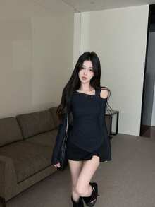 韩版不对称肩长袖T恤上衣，春季款 - 黑色 - 查看 2