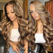 CEXXY Halloween Wigs 34 Inch Ombre Honey Blonde Lace Front Wig Human Hair 13x4 Highlight Body Wave Lace Front Wig Human Hair Pre Plucked With Baby Hair 4/27 HD Lace Wig Human Hair 200% Density Colored Wigs - S4/27 - 查看 5