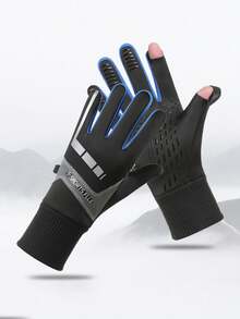 1Pair Winter Cycling Gloves For Men, Outdoor Cycling Reflective Exposed Finger Touch Screen Anti Slip And Velvet Warm Riding Gloves, Made Of Polyester Fiber Material, Waterproof Fabric, Exquisite Craftsmanship, Suitable For Men, Essential For Autumn And Winter. A Pair Of Simple And Personalized Sports Gloves, Snow Gloves