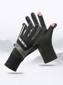 1Pair Winter Cycling Gloves For Men, Outdoor Cycling Reflective Exposed Finger Touch Screen Anti Slip And Velvet Warm Riding Gloves, Made Of Polyester Fiber Material, Waterproof Fabric, Exquisite Craftsmanship, Suitable For Men, Essential For Autumn And Winter. A Pair Of Simple And Personalized Sports Gloves, Snow Gloves