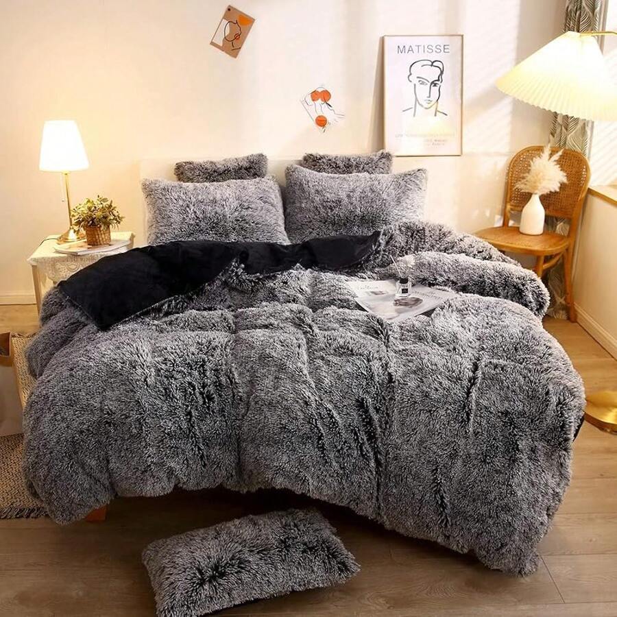 Plush Shaggy Duvet Cover Set, Ultra Soft Fluffy Bedding Sets 3 Pieces (1 Fuzzy Comforter Cover + 2 Pillow Cases), Zipper Close (, Pink), Luxury Bedding - Black Ombre - 查看 1