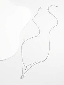 1pc Elegant & Fashionable 925 Silver Cubic Zirconia Double-Layer Key Lock Design Pendant Necklace For Women, Suitable For Dating, Party, Daily Wear, Wedding, Showcasing Charm, Gift