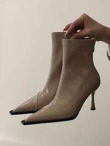 2025秋冬新款欧美尖头高跟踝靴，修身拼接踝靴，复古棕色踝靴，猫跟靴 - 米色 - 查看 2
