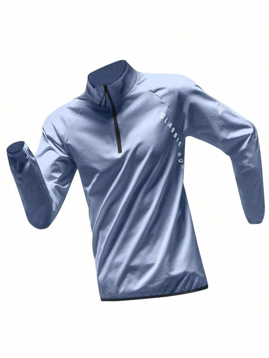 Camiseta deportiva de manga larga con media cremallera para hombres, camiseta de running de secado rápido, chaqueta de entrenamiento, de tela transpirable y elástica, que absorbe la humedad, con estampado de letras, de ajuste regular, adecuada para correr, fitness al aire libre, ciclismo y senderismo