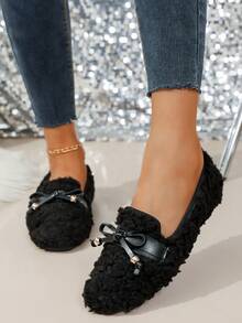 女士一脚蹬休闲运动平底鞋，时尚百搭舒适黑色蝴蝶结鞋，纯色绒面平底户外鞋，学院风 - 黑色 - 查看 5