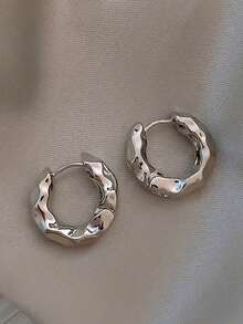 Minimalist Silver Tone Lava Hoop Earrings For Women Asymmetric Liquid Metal Ear Rings Melted Wax Ripple Textured Geometric Small Statement Jewelry Gift - Silver - View 8