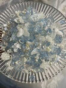 Approx. 80pcs/70g Aurora Blue Mixed Rose Imitation ABS Pearl Crushed Ice Material Mixed DIY Bracelet, Phone Case, Necklace Jewelry, Handmade Gift For Friends, Multi-Purpose Jewelry Accessories With Hole