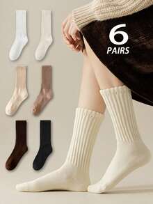 6 Paare warme einfarbige Damen Socken, geeignet für Frühling, Herbst und Winter, einfarbige lange Socken, perfekt für Skifahren und Outdoor-Camping.