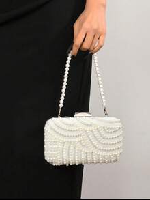 1pc Elegant & Romantic Faux Pearl Wedding/Evening Clutch Bag, Bridal Party Purse, Prom Handbag With Chain - Beige - View 7