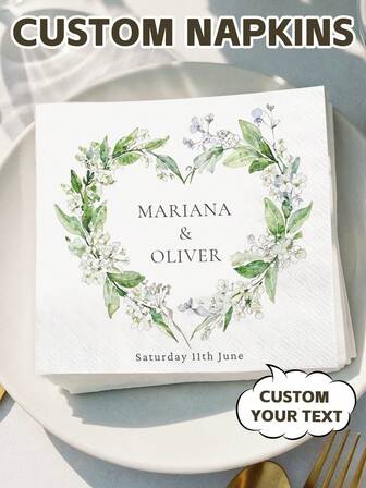 20-500pcs Floral Custom Napkins, 3-Ply Personalised Cocktail Napkins For Wedding, Bridal Shower, Birthday, Anniversary, Suitable For Couple, Lovers, White Disposable Beverage/Dessert Napkins For Table Decorations, Custom Party Napkins, Christmas Decor