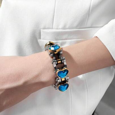 1pc Biker Jewelry Stainless Steel Bike Chain Bracelets With Heart CZ For Men And Women