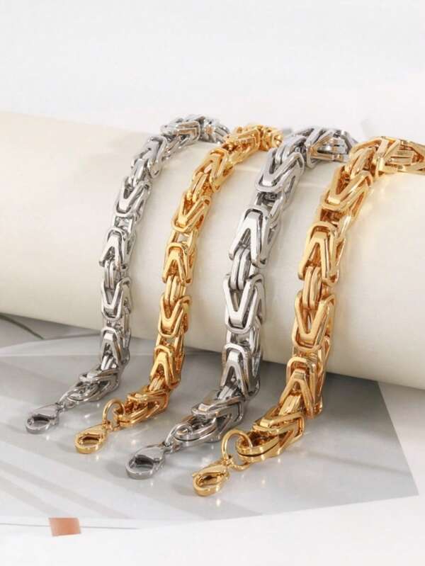 1pc Fashionable & Versatile Stainless Steel Rhombus Punk V-Shape Thick Bracelet/Chunky Interlocking Chain, Durable Metal Texture Suitable For Casual And Formal Occasions