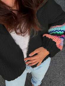 Áo khoác cardigan dệt kim dài tay dày dặn, kiểu dáng retro thu đông mới dành cho nữ, màu kem tương phản dễ thương, mềm mại, nhiều màu sắc, phù hợp cho mùa đông, đi học, phong cách Y2K, thời trang đường phố, phong cách vintage, hoàn hảo cho hẹn hò, ăn uống và các hoạt động ngoài trời. - màu đen - Xem 7