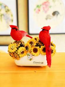 1 件红色鸟装饰人造红雀鸟人造鸟圣诞红雀鸟适合树花插花庭院露台花环设计 - 彩色 - 查看 7