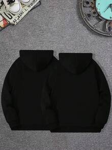 Sudadera con capucha con cordón con estampado de pareja con bolsillo de canguro - Negro - Ver 2