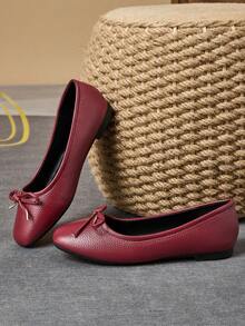 MonaNise Sapatos baixos femininos de bico quadrado, bico fino, com laço de damasco, preto e branco, casuais para atividades ao ar livre, cáqui de alta qualidade, versáteis - Borgonha - Ver 6