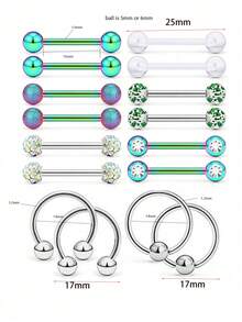 16入組不銹鋼乳頭穿孔彎棒,舌頭環,立方氧化鋯乳頭珠寶零售商,穿體珠寶 14標準規格