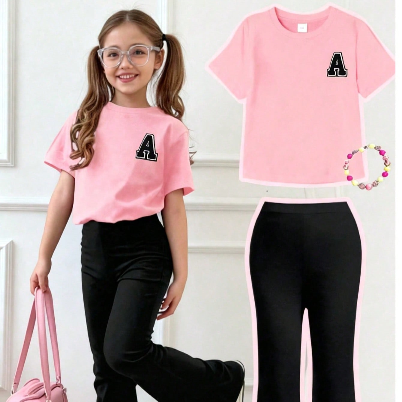 Conjunto de 2 piezas de camiseta de manga corta con estampado de letra A y pantalones acampanados para niña preadolescente, suave y lavable a máquin