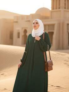 Fashionable Long Sleeve Abaya Dress, Casual Sequined Traditional Arab Clothing,Modest - Green - View 2