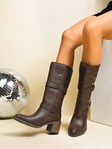 Women's Fashion Boots, High Heel Chunky Heel Boots, Solid Color Western Style Buckle Rivet Decor Women's Mid-Calf Boots, Sexy Pointed Toe, Suitable For Holidays