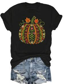 [Camiseta de moda casual] Camiseta suave y cómoda para mujer - Parte superior de manga corta con cuello redondo de cosecha de calabaza floral casual, regalo perfecto para la abuela y la mamá, uso casual de primavera y verano - Negro - Ver 1