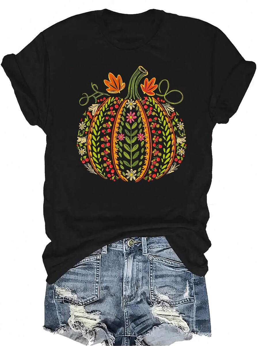 [Camiseta de moda casual] Camiseta suave y cómoda para mujer - Parte superior de manga corta con cuello redondo de cosecha de calabaza floral casual, regalo perfecto para la abuela y la mamá, uso casual de primavera y verano - Negro - Ver 1