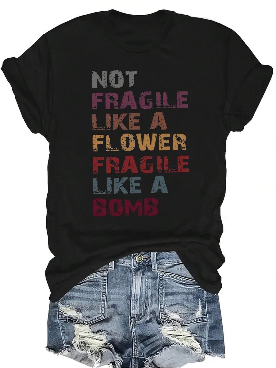 [Camiseta de Moda Casual] Camiseta de mujer suave y cómoda - Cita de arte de bomba frágil Casual de manga corta y cuello redondo, regalo perfecto para la abuela y la mamá, uso casual de primavera y verano - Negro - Ver 1